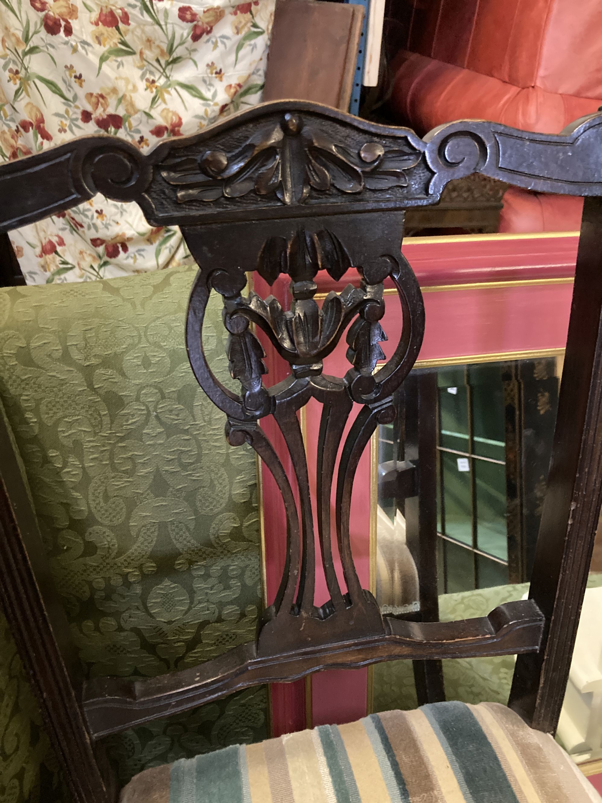 A late Victorian mahogany salon chair, a painted toilet mirror and a rectangular wall mirror